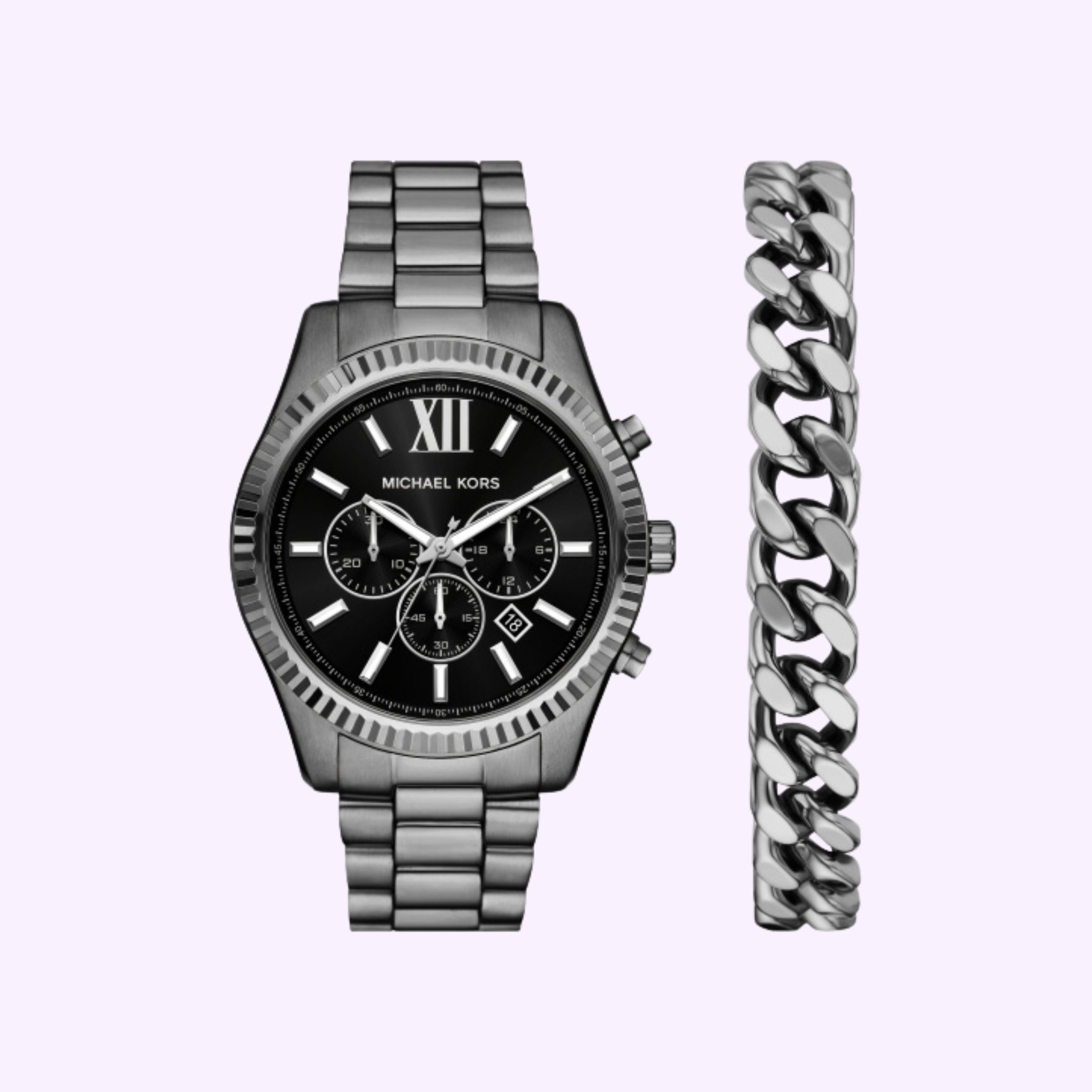 The Michael Kors Watches MK9217SET features a stainless steel wristwatch with a black dial and three subdials, displayed alongside a matching silver chain bracelet—a striking set from Michael Kors Watches.