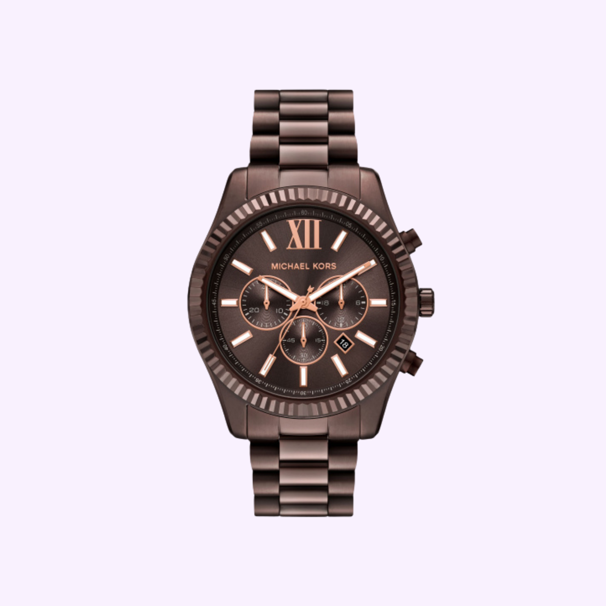 The Michael Kors Watches MK9224, featuring a dark metallic finish, round face, rose gold Roman numerals, three subdials, and a date window, is shown against a light lavender background.