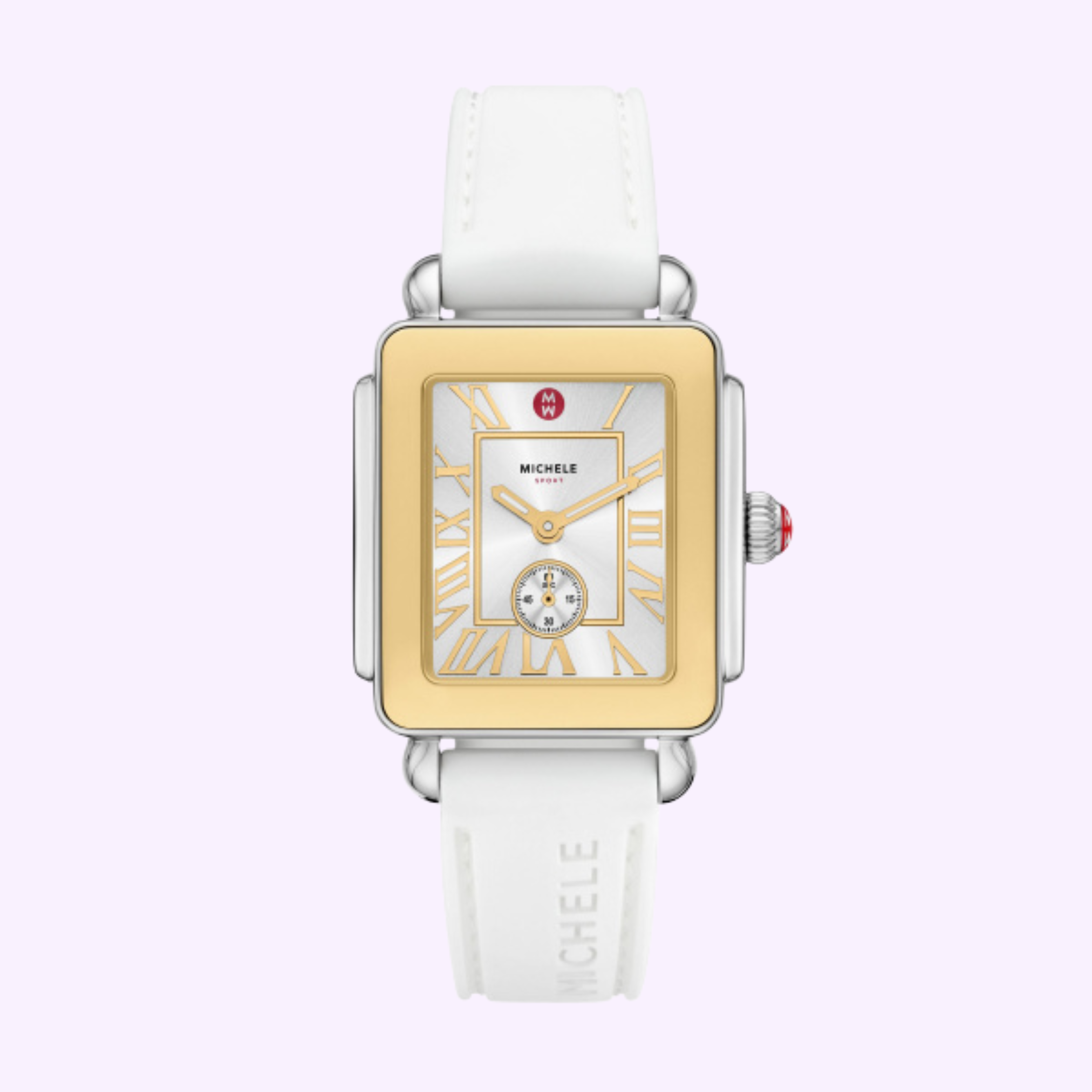 The Michele Watches DECO MID SPORT MWW06H000007 features a square face, gold-tone bezel, white dial with gold Roman numerals and small seconds subdial, plus a white leather strap. Displayed on a light lavender background.