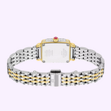 The Michele Watches Deco Madison Mini MWW06D000178 is displayed from the back, highlighting its two-tone silver and gold metal link band, rectangular case with a ruby crown, and elegant diamond accents along the edges.