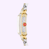 Side view of the Michele Watches Deco Madison Mini MWW06D000178, a gold and silver wristwatch by Michele Watches, featuring diamond accents, a white dial, and a distinctive red crown with white MW initials against a light purple background—a truly elegant diamond timepiece.