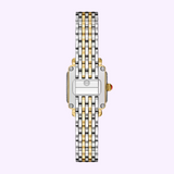 The Michele Watches Deco Madison Mini MWW06D000178 features a rectangular face and a gold-and-silver linked band, shown from the back to reveal the signature Michele Watches logo on the case. This elegant two-tone timepiece embodies timeless style.