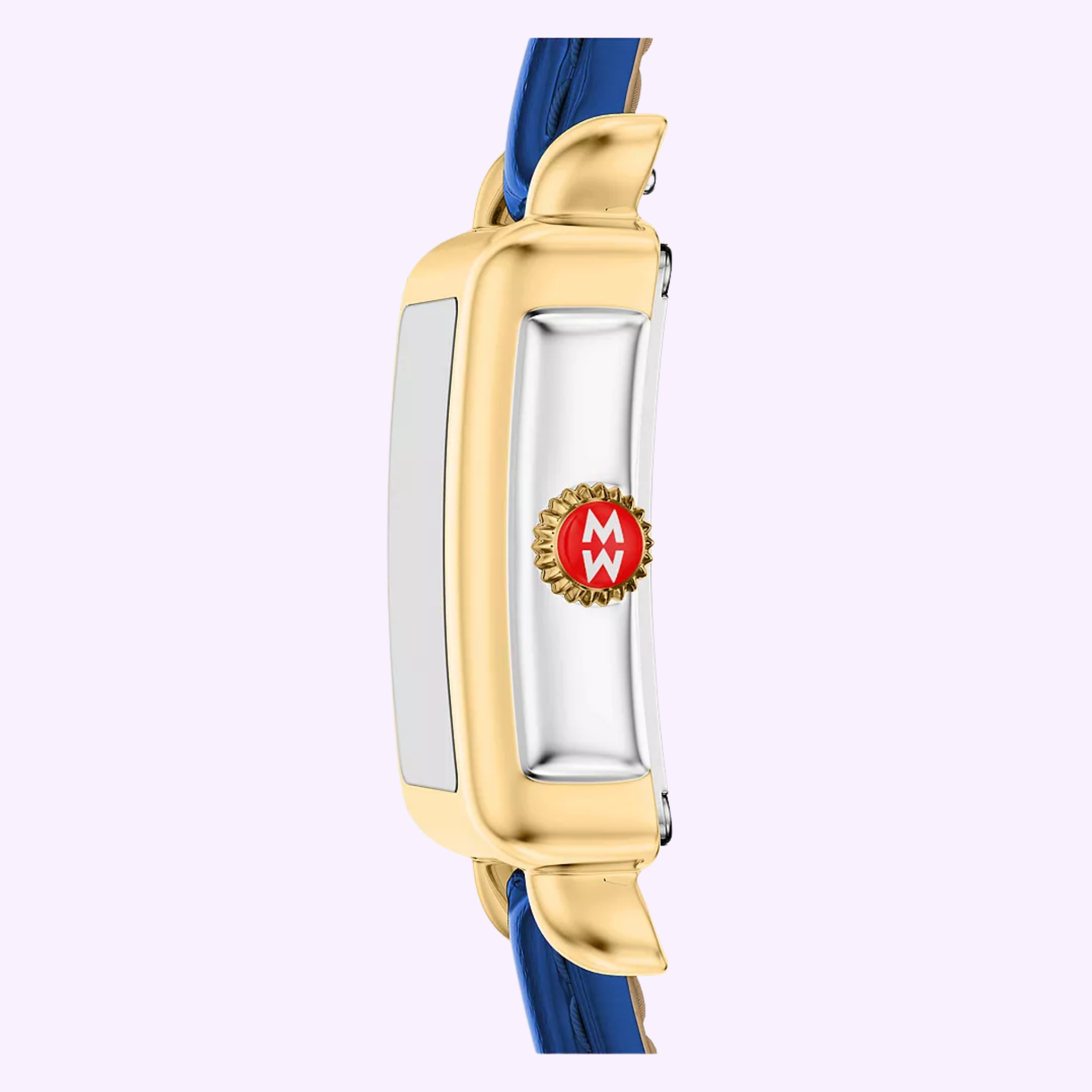 Side view of the Michele Watches Deco Madison Mini MWW06D000180 wristwatch in gold, featuring a navy leather strap and a red and gold crown engraved with the initials MW, set against a light purple background. This elegant timepiece from Michele Watches seamlessly blends sophistication with modern style.