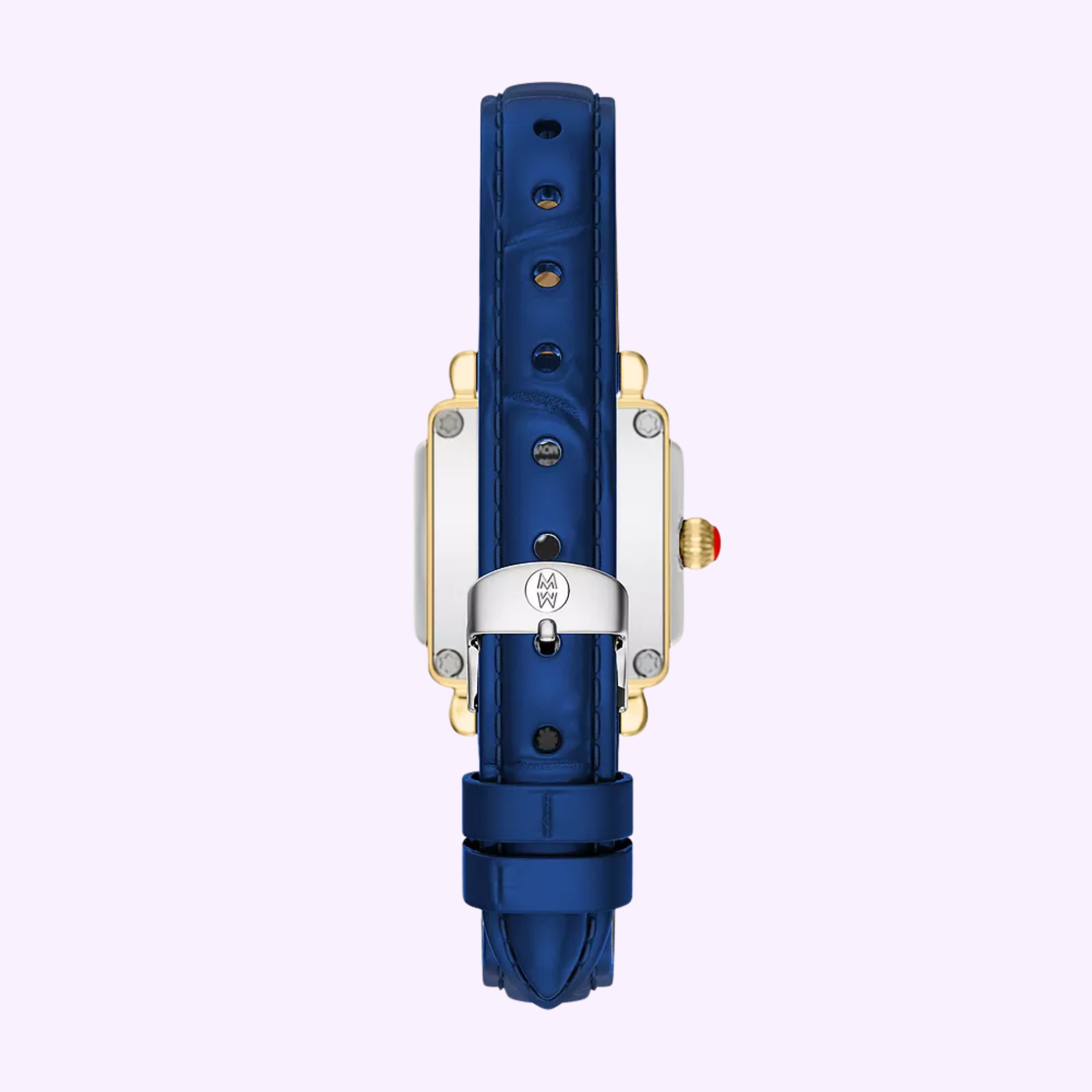 Certainly! Here’s the sentence rewritten using the given product data: A blue leather watch strap reminiscent of the Michele Watches Deco Madison Mini MWW06D000180, featuring a silver clasp and gold watch casing, is viewed from the back against a light purple background.
