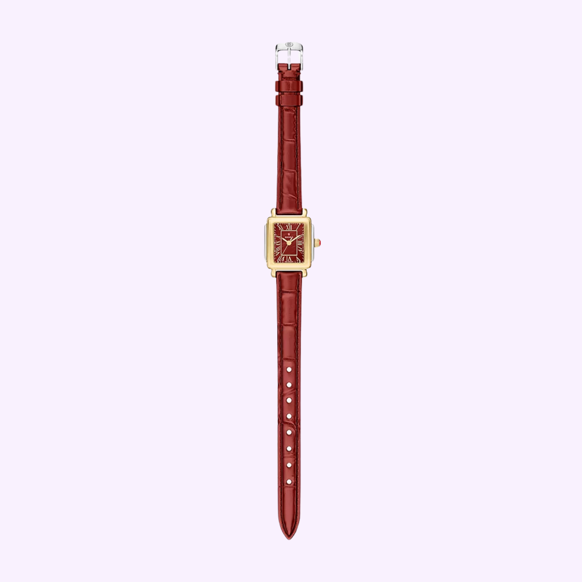 The Michele Watches Deco Madison Mini MWW06D000181 features a gold case with a square red face and a matching textured ruby red leather strap. Displayed vertically against a pale lavender background, this timepiece by Michele Watches radiates modern elegance.
