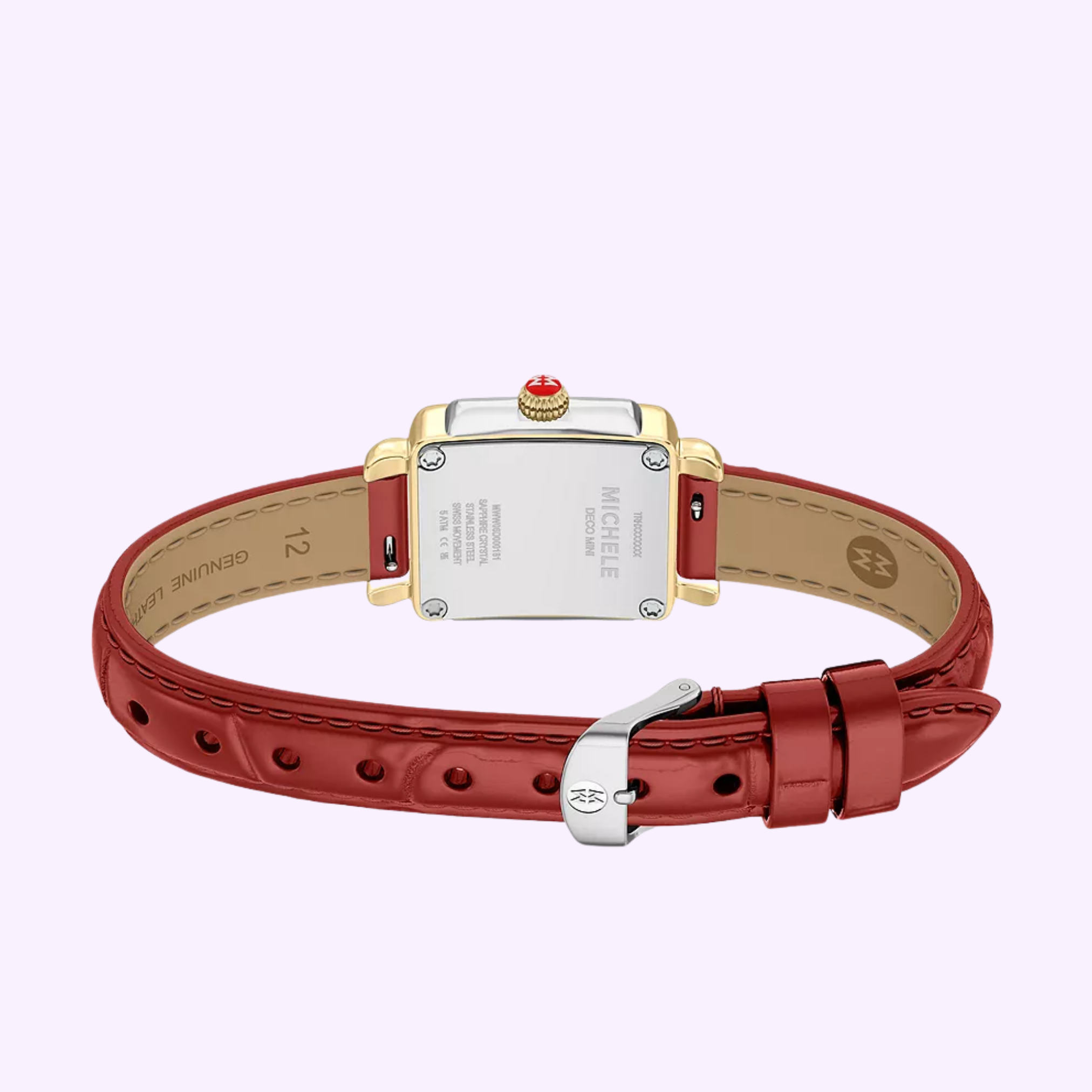 A Michele Watches Deco Madison Mini MWW06D000181 wristwatch featuring a striking ruby red leather strap, an elegant gold and silver case, and a crown with a red tip. The back of the watch displays the Michele Watches brand name along with intricate details.