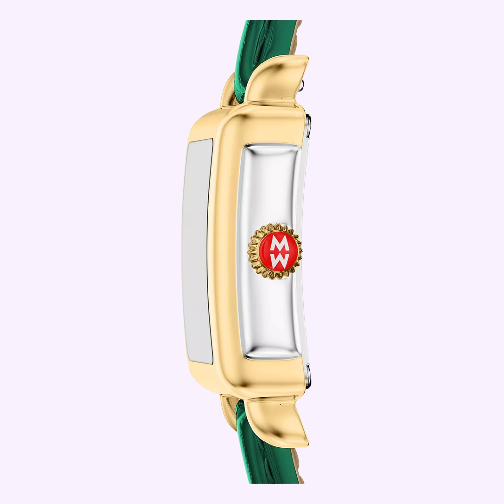 Side view of a rectangular gold Michele Watches Deco Madison Mini MWW06D000182 wristwatch by Michele Watches, featuring a green leather strap and a red crown with the letter W in white, set against a light purple background.