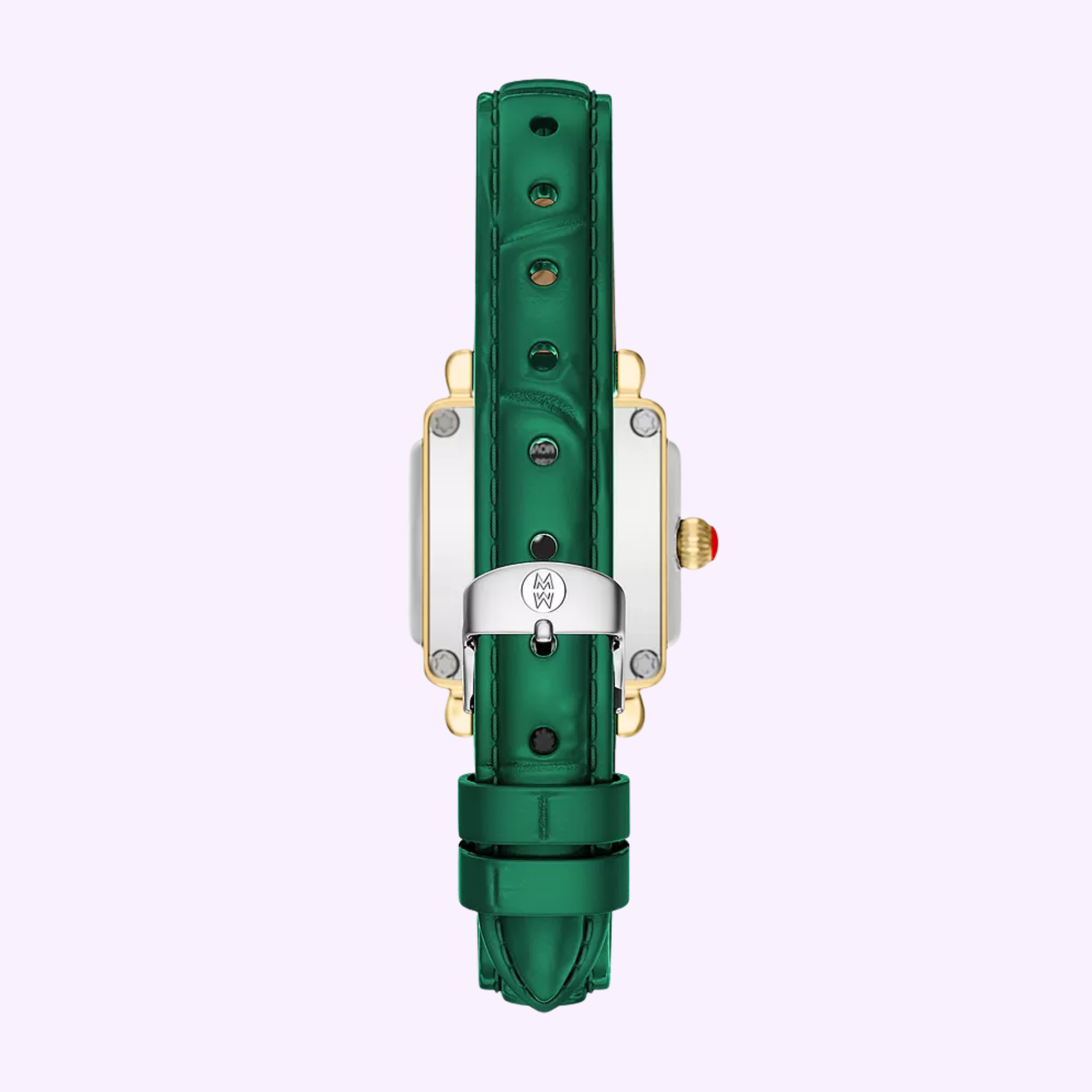 The Michele Watches Deco Madison Mini MWW06D000182 by Michele Watches is showcased with a striking green leather strap and a silver buckle arranged vertically. Its gold case features a white side and a crown on the right, all set against a light lavender background.