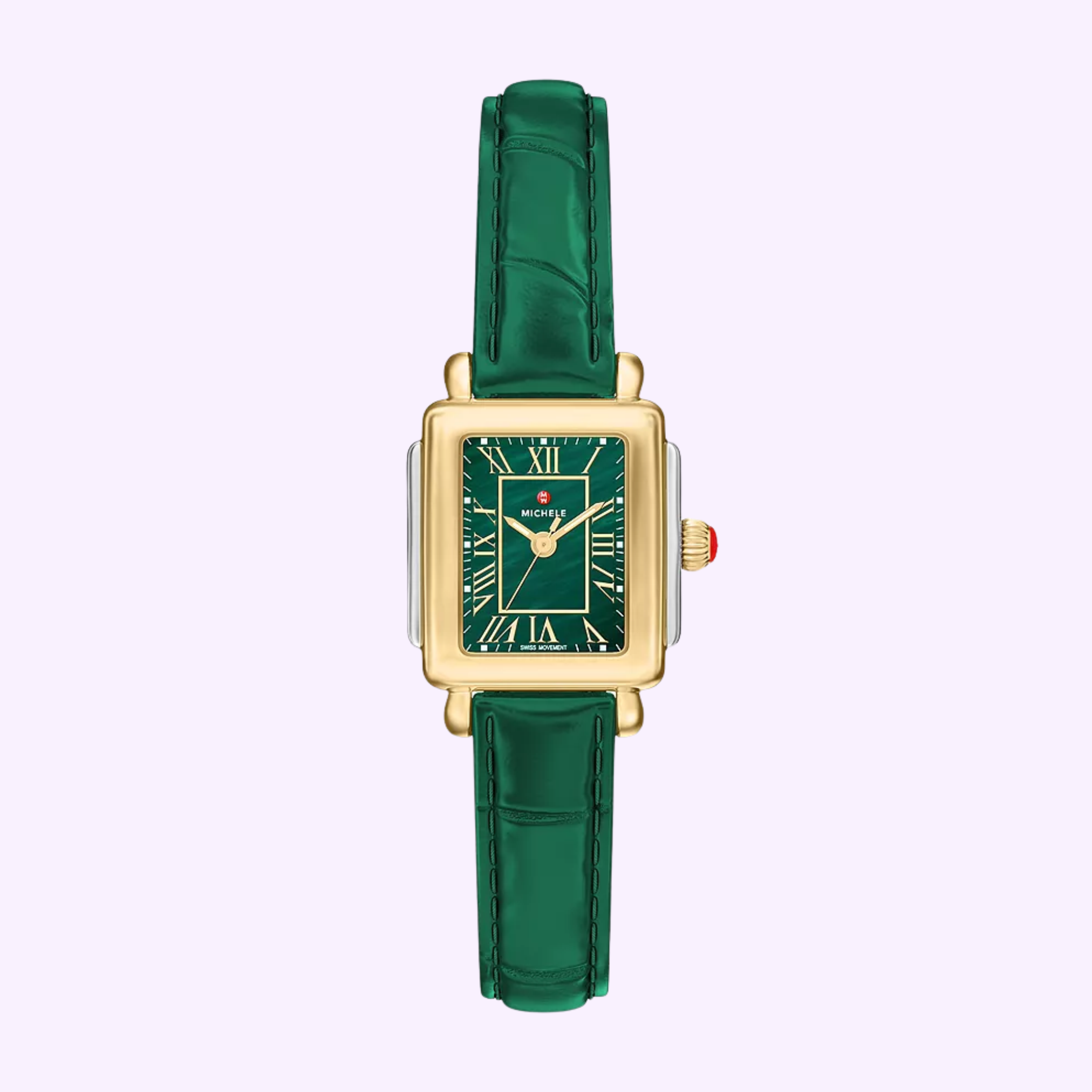 The Michele Watches Deco Madison Mini MWW06D000182 is a stunning rectangular gold watch with a green dial, Roman numerals, and an elegant green leather strap. Shown against a light purple background, this sophisticated timepiece also features a crown accented with bold red.
