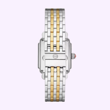 The Michele Watches Deco Mid Two-Tone 18K Gold-Plated Diamond Dial MWW06V000042 features a silver and gold link bracelet, MW logo clasp, and red-accented crown, displayed from the back on a light purple background.