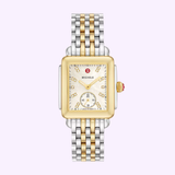 The Michele Watches Deco Mid Two-Tone 18K Gold-Plated Diamond Dial MWW06V000042 features a rectangular face, two-tone gold and silver link bracelet, diamond hour markers, a small subdial, and signature Michele Watches branding.