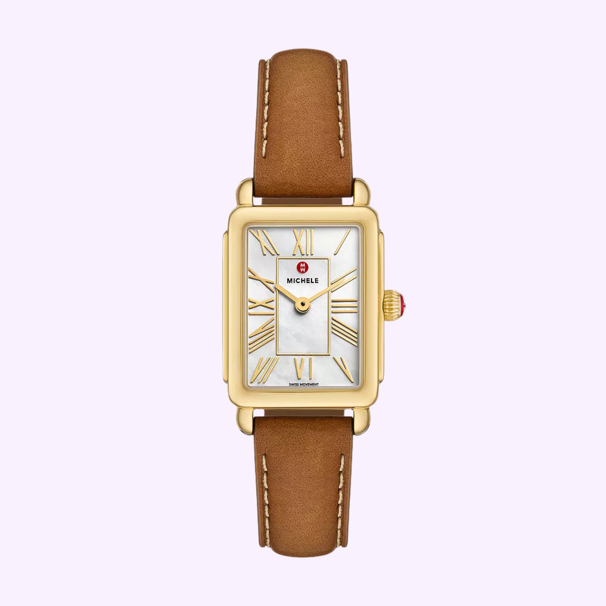 The Michele Watches Deco Park 18K Gold-Plated MWW06E000150 features a rectangular gold case, brown leather strap, white dial with gold Roman numerals, Michele logo at the top, and a gold crown with red accent.