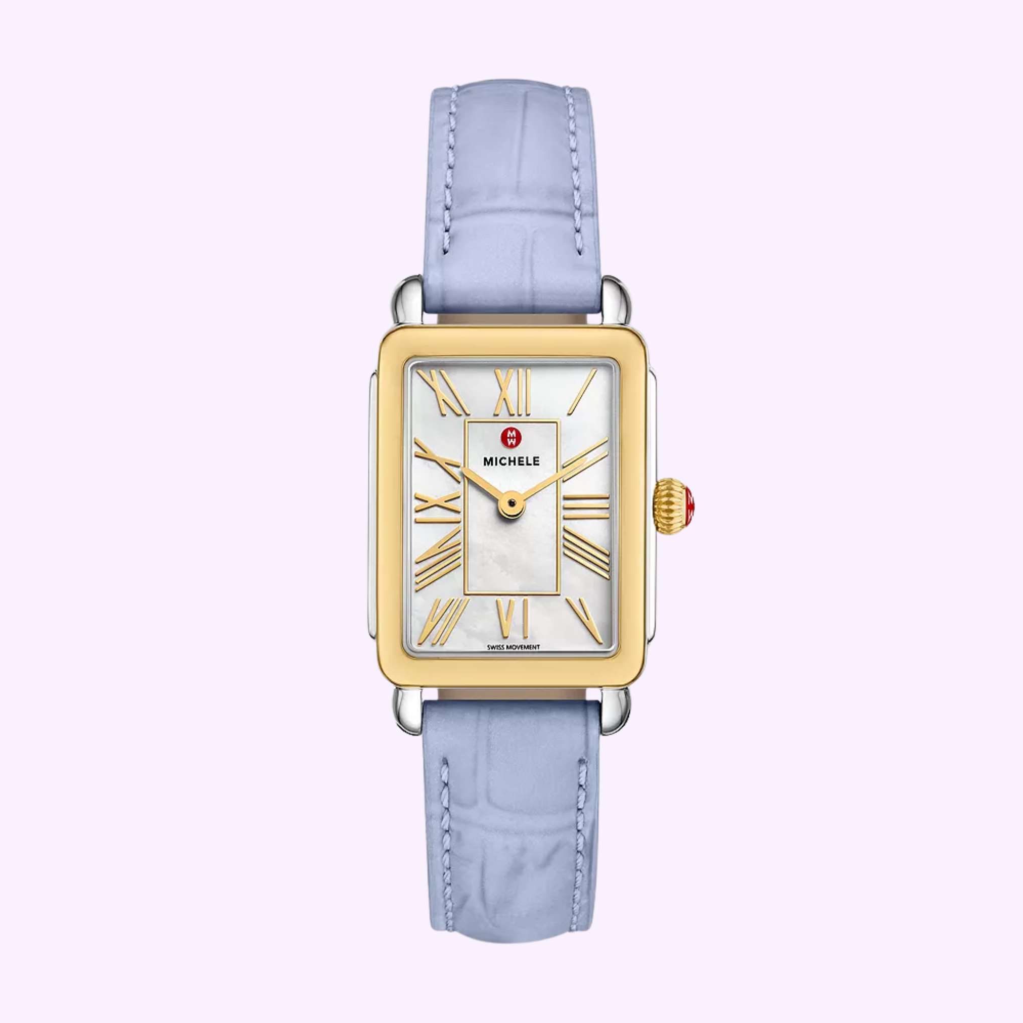 The Michele Watches Deco Park Two-Tone 18K Gold-Plated MWW06E000149 wristwatch features a rectangular case, white dial with gold Roman numerals, and a light purple leather strap, shown on a light background.