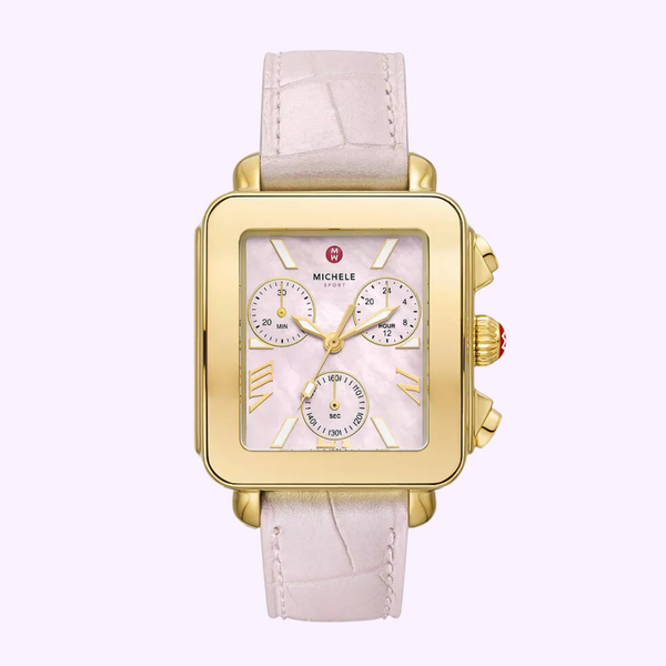 Michele Watches Deco Sport Chronograph Gold-Plated Pink Leather Watch MWW06K000068