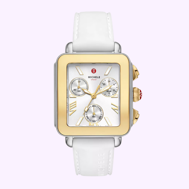 Michele Watches Deco Sport Chronograph Gold-Plated White Silicone Watch MWW06K000069