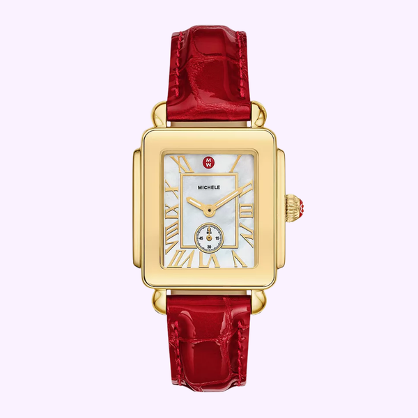 Michele Watches Deco Sport Mid Gold-Plated Ruby Red Leather Watch MWW06H000005