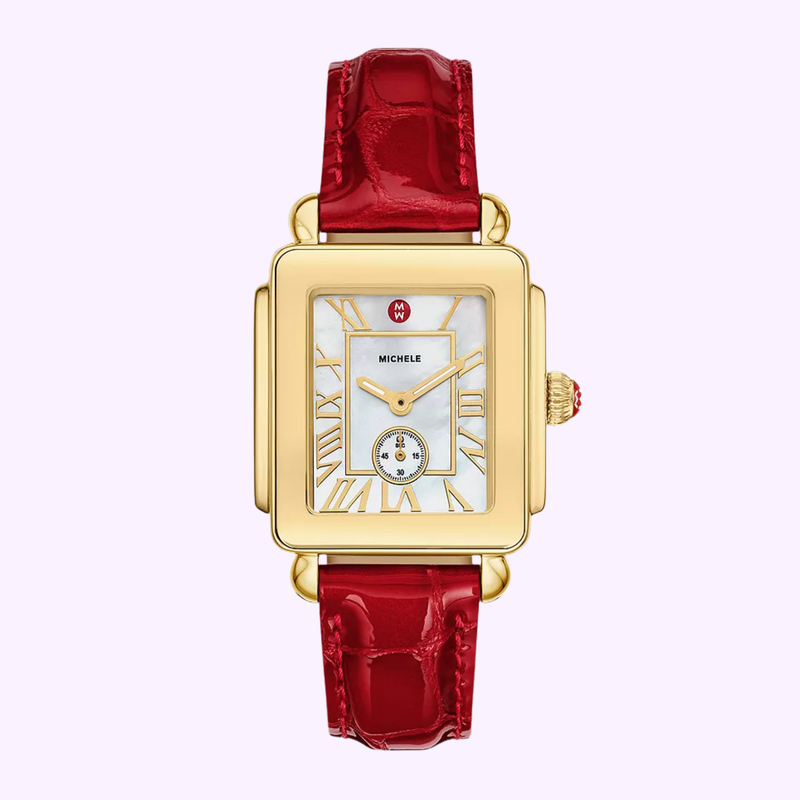 Michele Watches Deco Sport Mid Gold-Plated Ruby Red Leather Watch MWW06H000005