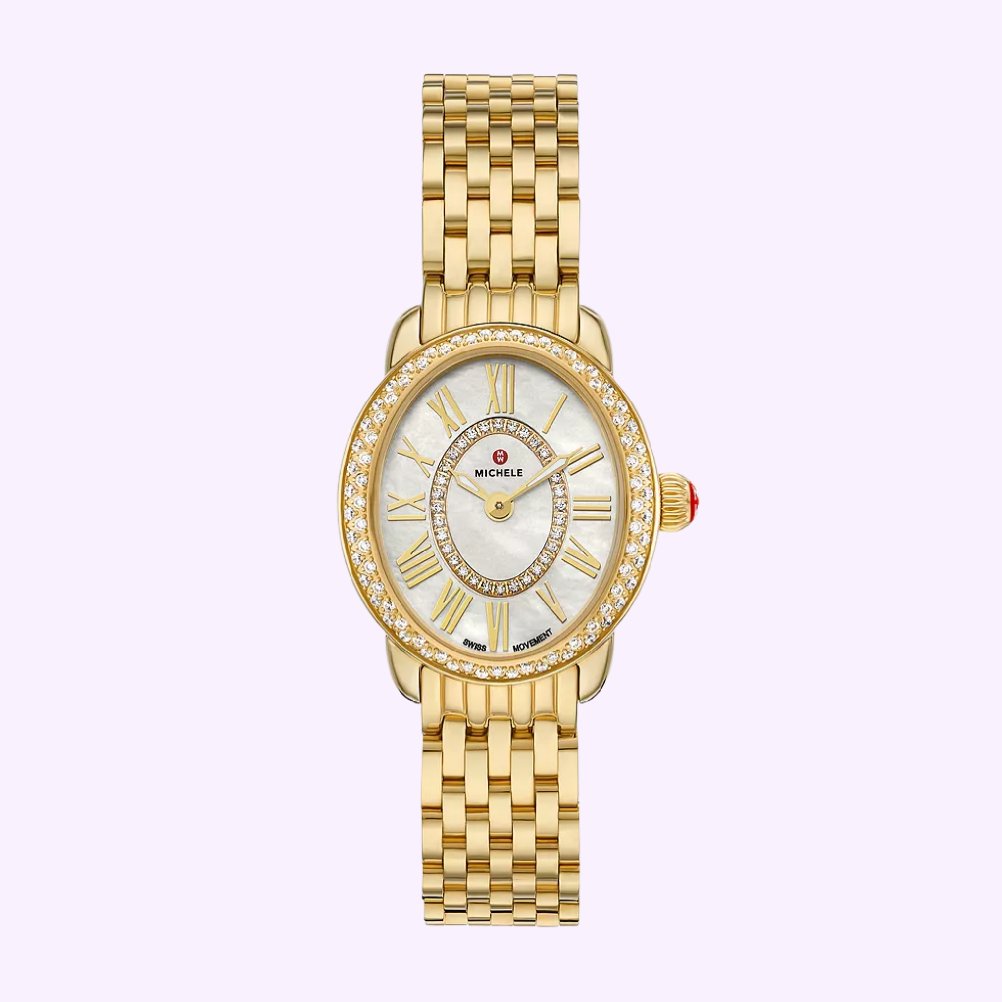 The Michele Watches Serein Oval Diamond 18K Gold-Plated MWW21H000003 features a round gold case, Roman numerals, diamond-studded bezel, and a linked bracelet band, elegantly displayed on a light background.