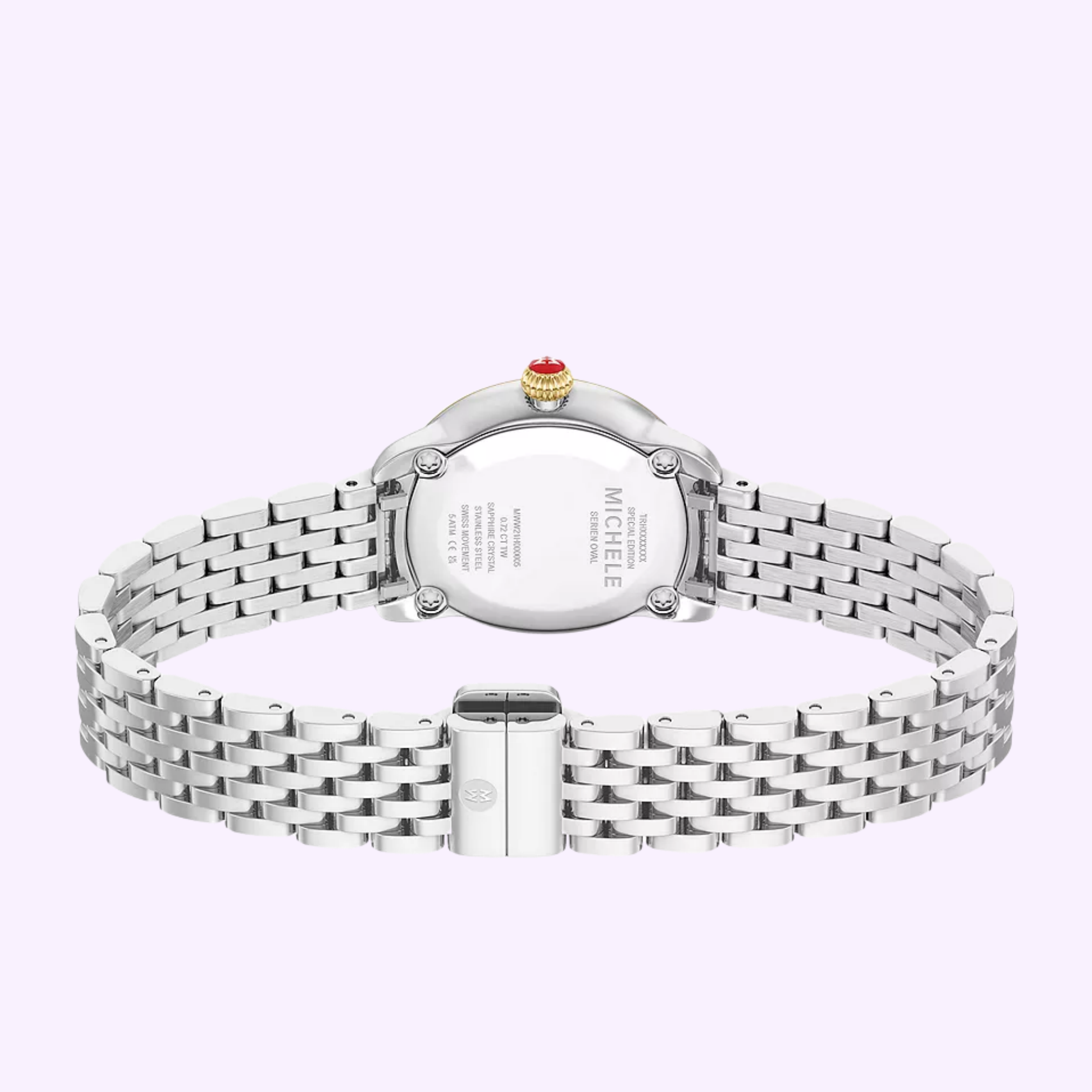 The Michele Watches Serein Oval Diamond MWW21H000005 is featured from the back, showcasing its metal link bracelet, signed clasp, and engraved case back with Michele Watches branding. The crown includes a red accent that enhances its elegant design. Powered by Swiss movement, this sophisticated timepiece is presented against a pale purple background.