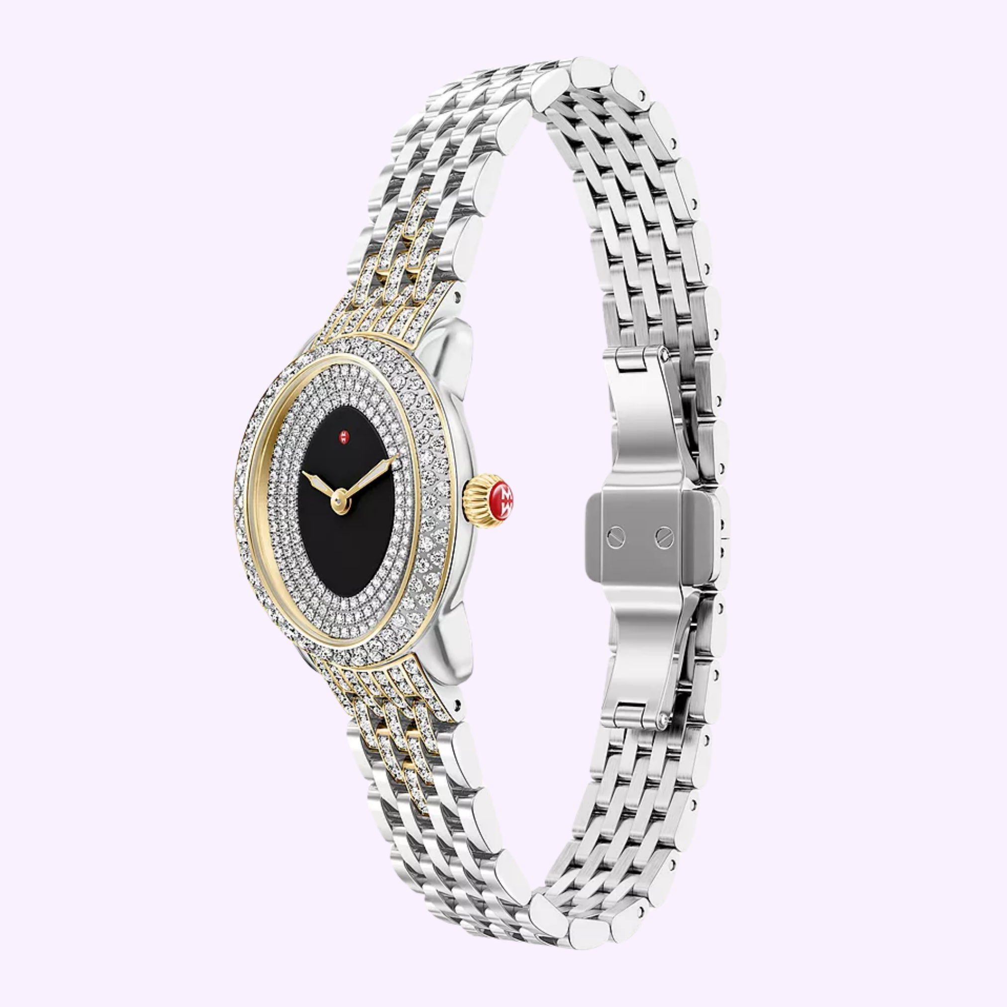 A luxurious Michele Watches Serein Oval Diamond MWW21H000005 timepiece by Michele Watches, this stunning 18K gold-plated watch features a silver and gold metal band, an oval black face adorned with diamond accents around the bezel, and a distinctive red crown on the side. Displayed elegantly on a light purple background, it showcases precise Swiss movement and exudes timeless sophistication.