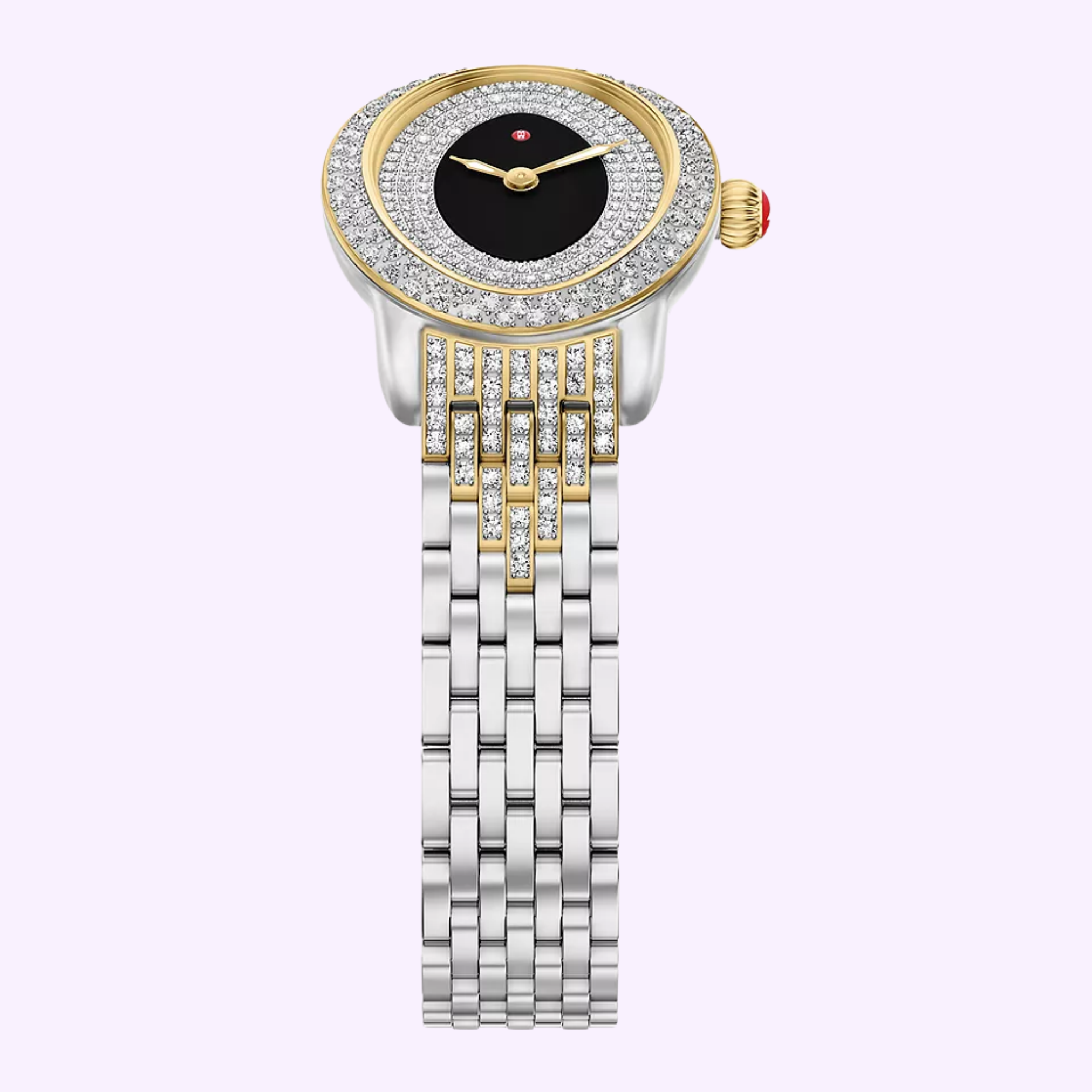 The Michele Watches Serein Oval Diamond MWW21H000005 by Michele Watches showcases an elegant oval, diamond-studded bezel, a sleek black dial with gold accents, and a two-tone silver and 18K gold-plated metal bracelet featuring precise Swiss movement, artfully displayed against a light purple background.