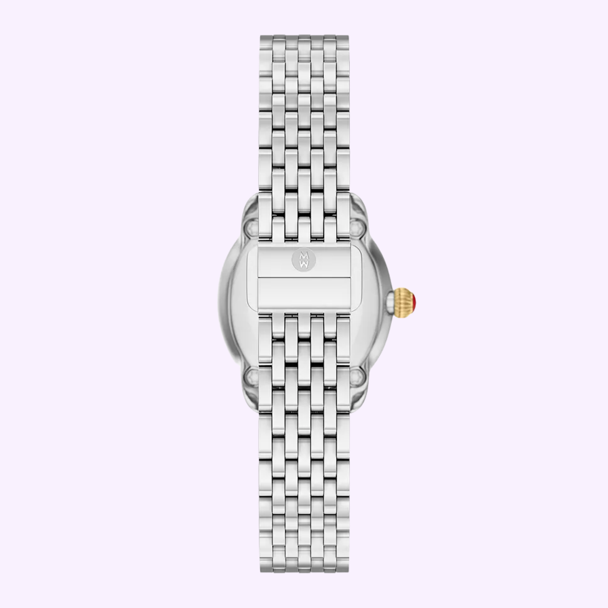 The Michele Watches Serein Oval Diamond MWW21H000005 by Michele Watches is displayed from the back on a light purple background, showcasing its refined design, silver metal linked bracelet, 18K gold-plated crown, and Swiss movement.