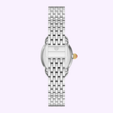 The Michele Watches Serein Oval Diamond MWW21H000005 by Michele Watches is displayed from the back on a light purple background, showcasing its refined design, silver metal linked bracelet, 18K gold-plated crown, and Swiss movement.