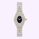 Introducing the Michele Watches Serein Oval Diamond MWW21H000005 by Michele Watches—a luxury timepiece featuring a sophisticated silver and gold band, an elegant black oval dial, and two gleaming rows of diamonds encircling the face. Expertly crafted with Swiss movement for exceptional precision, this exquisite watch is accented with refined gold details and a signature small red accent on the crown.