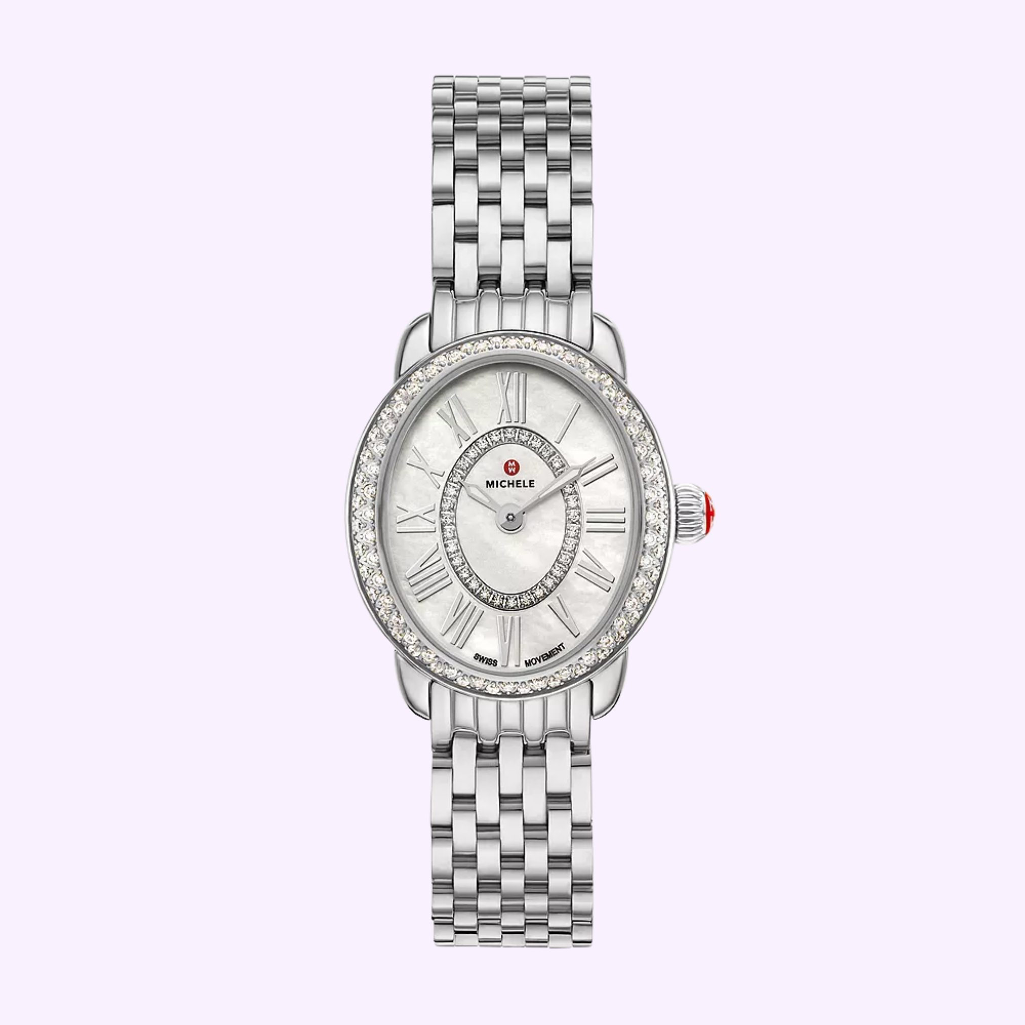 The Michele Watches Serein Oval Diamond Stainless Steel MWW21H000001 features a diamond-studded round bezel, white face with Roman numerals, and silver link band, shown on a light purple background.