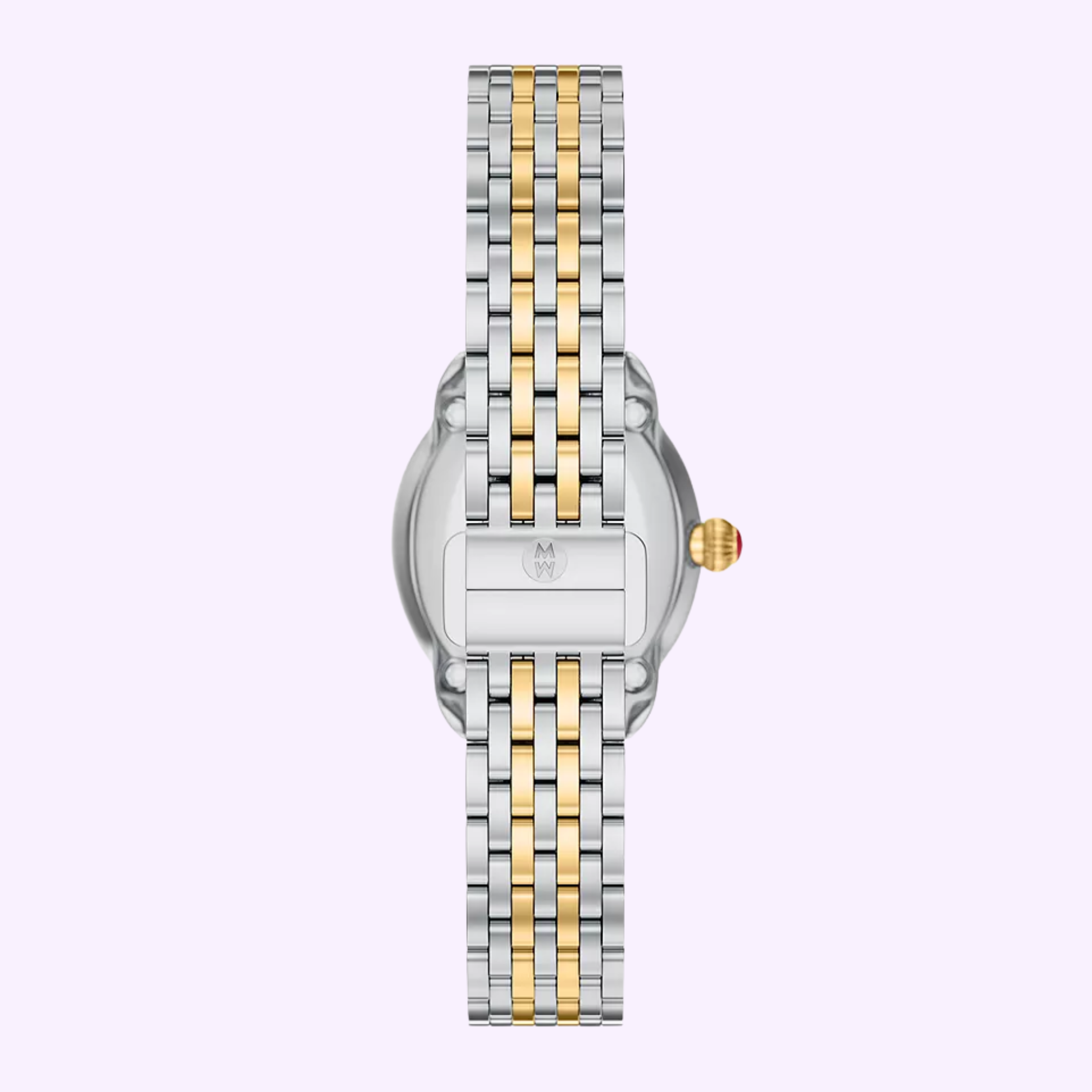 Back view of the Michele Watches Serein Oval Diamond Two-Tone 18K Gold-Plated Watch MWW21H000002, featuring a silver and gold-plated bracelet, stainless steel case back with MW logo, and a gold crown.