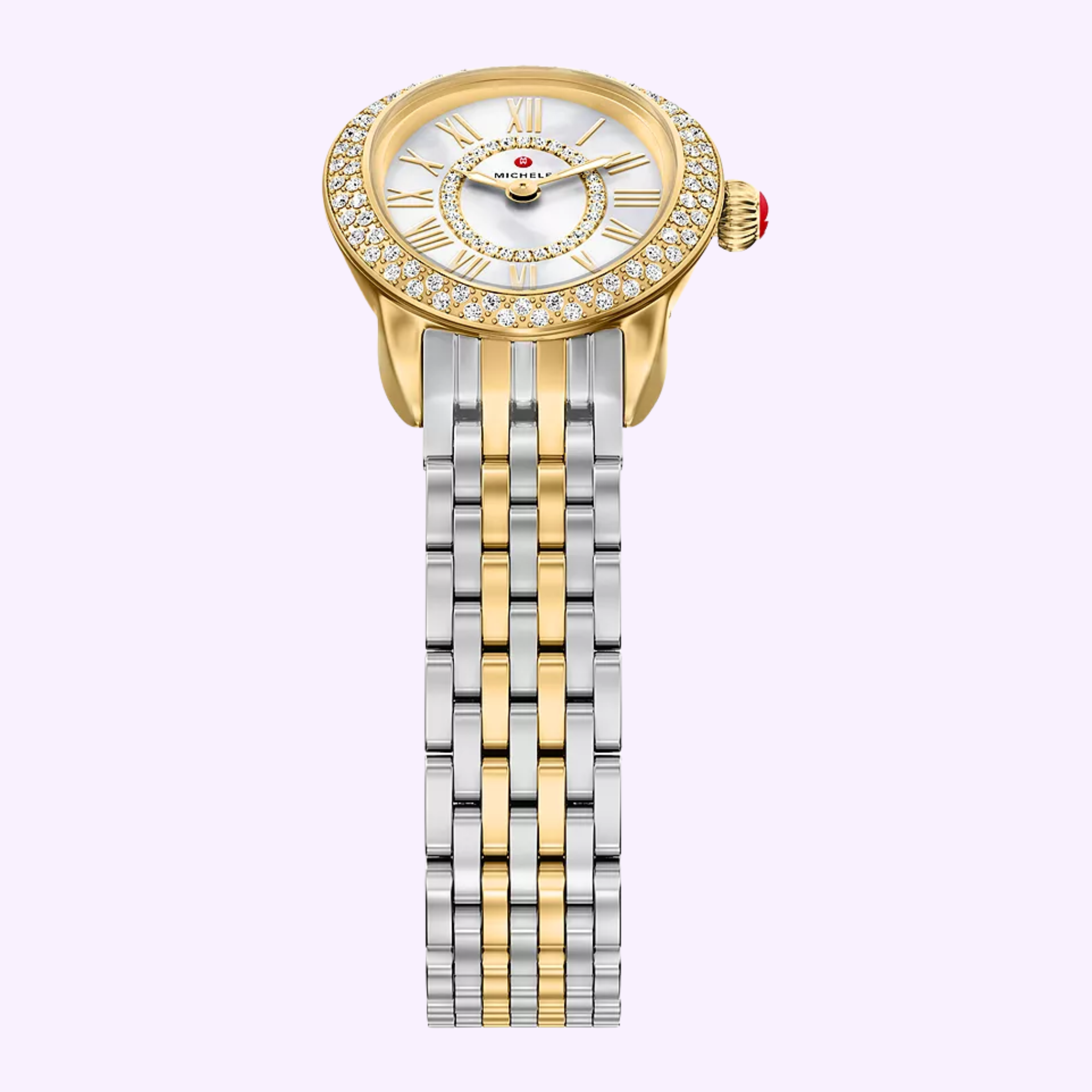 The Michele Watches Serein Oval Diamond Two-Tone 18K Gold-Plated Watch (MWW21H000002) features a diamond-studded oval bezel, Roman numerals, a silver and gold band, a red-accented crown, and the Michele Watches logo on the face.