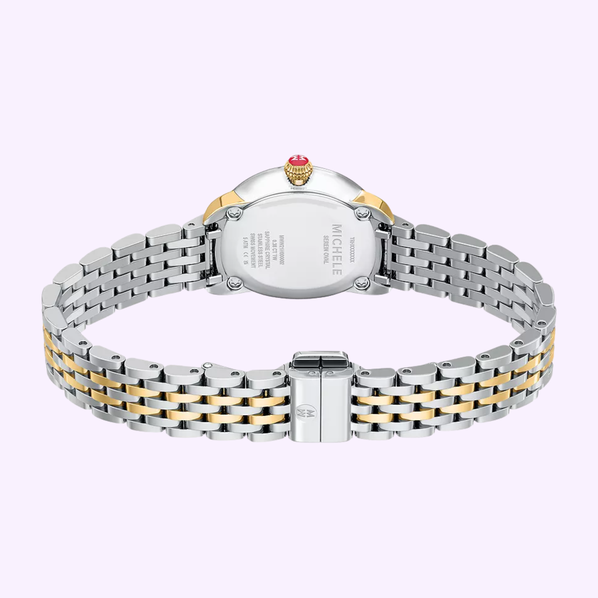 The Michele Watches Serein Oval Diamond Two-Tone 18K Gold-Plated Watch MWW21H000002 is shown from the back, displaying its clasp, case back details, and red-jeweled crown against a light purple background.