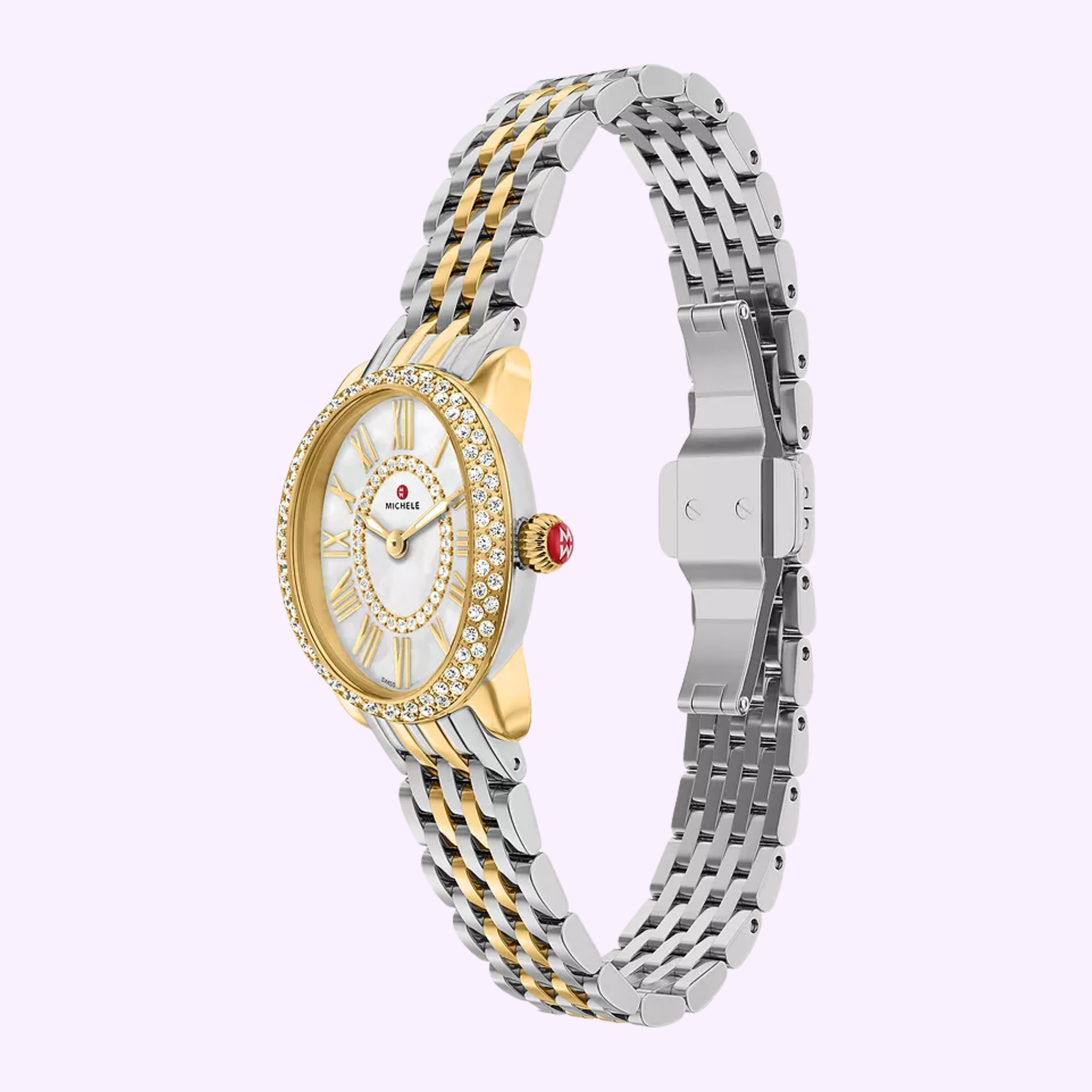 The Michele Watches Serein Oval Diamond Two-Tone 18K Gold-Plated Watch MWW21H000002 features a silver and gold metal band, diamond-set oval face, gold Roman numerals, and a red crown, displayed on a light neutral background.
