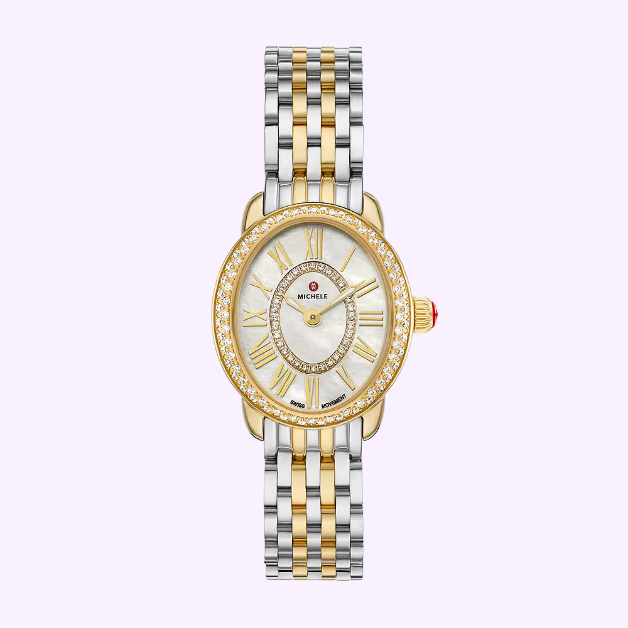 The Michele Watches Serein Oval Diamond Two-Tone 18K Gold-Plated Watch (MWW21H000002) features a two-tone silver and gold band, diamond bezel, white mother-of-pearl dial with Roman numerals, and a round face against a light purple background.