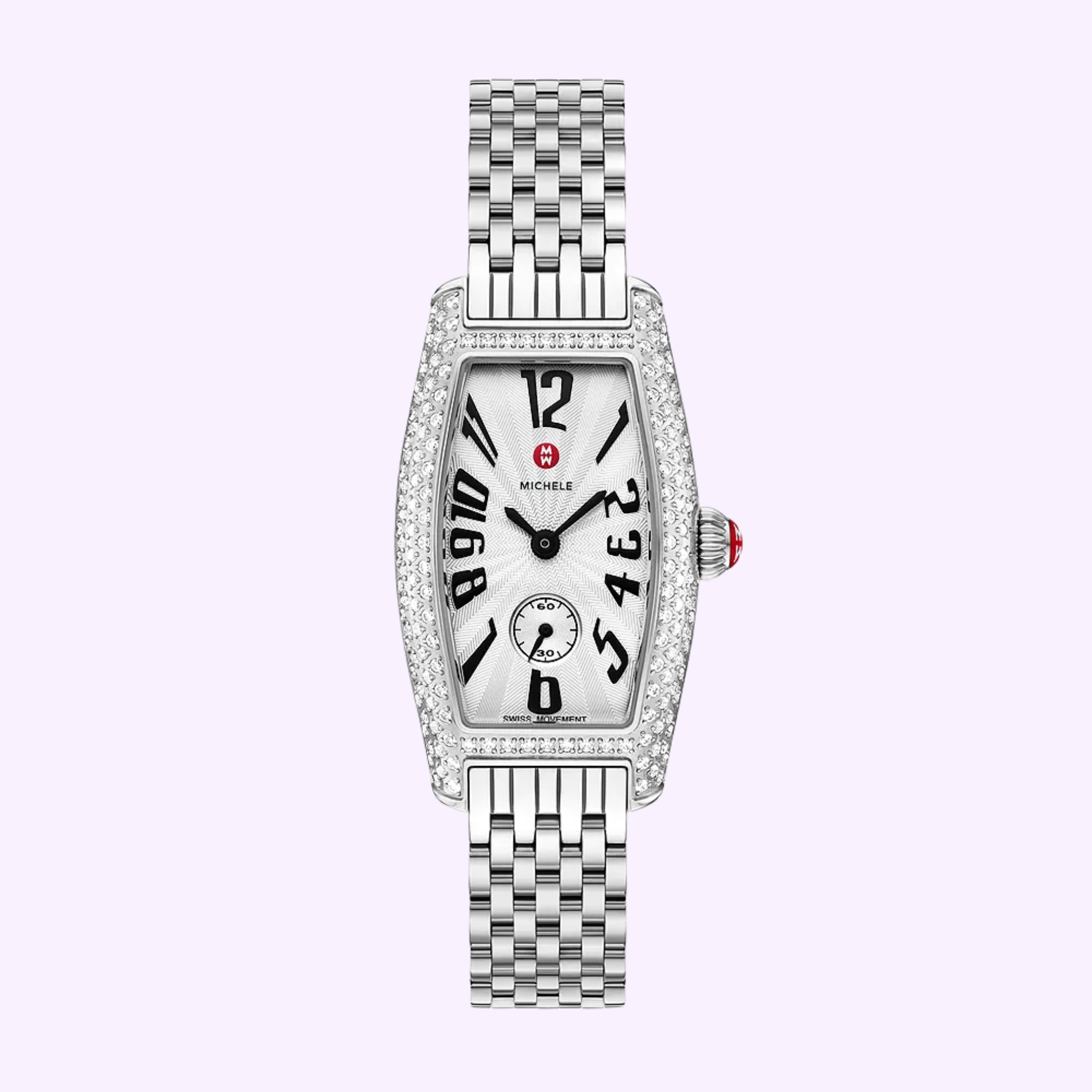 The Michele Watches Special Edition Coquette Diamond Stainless Steel MWW08B000285 features a silver rectangular bezel with diamonds, white dial with black numerals, small seconds subdial, and metal link bracelet against a light purple background.