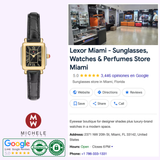 A rectangular Michele Watches Deco Madison Mini MWW06D000179 with a black dial and black leather strap shown next to a digital business profile for a Miami eyewear and watch boutique.