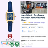 Rectangular gold-tone Michele Watches Deco Madison Mini MWW06D000180 watch with a navy leather strap, shown next to store information for Lexor Miami including their address, hours, and a 5-star Google rating.