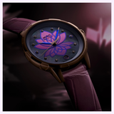 The Mido Watches Rainflower Night M0432073610600 is an elegant Swiss women's watch with a purple leather strap, lotus flower dial design, and gem-like markers, set against a softly blurred pink and purple background.