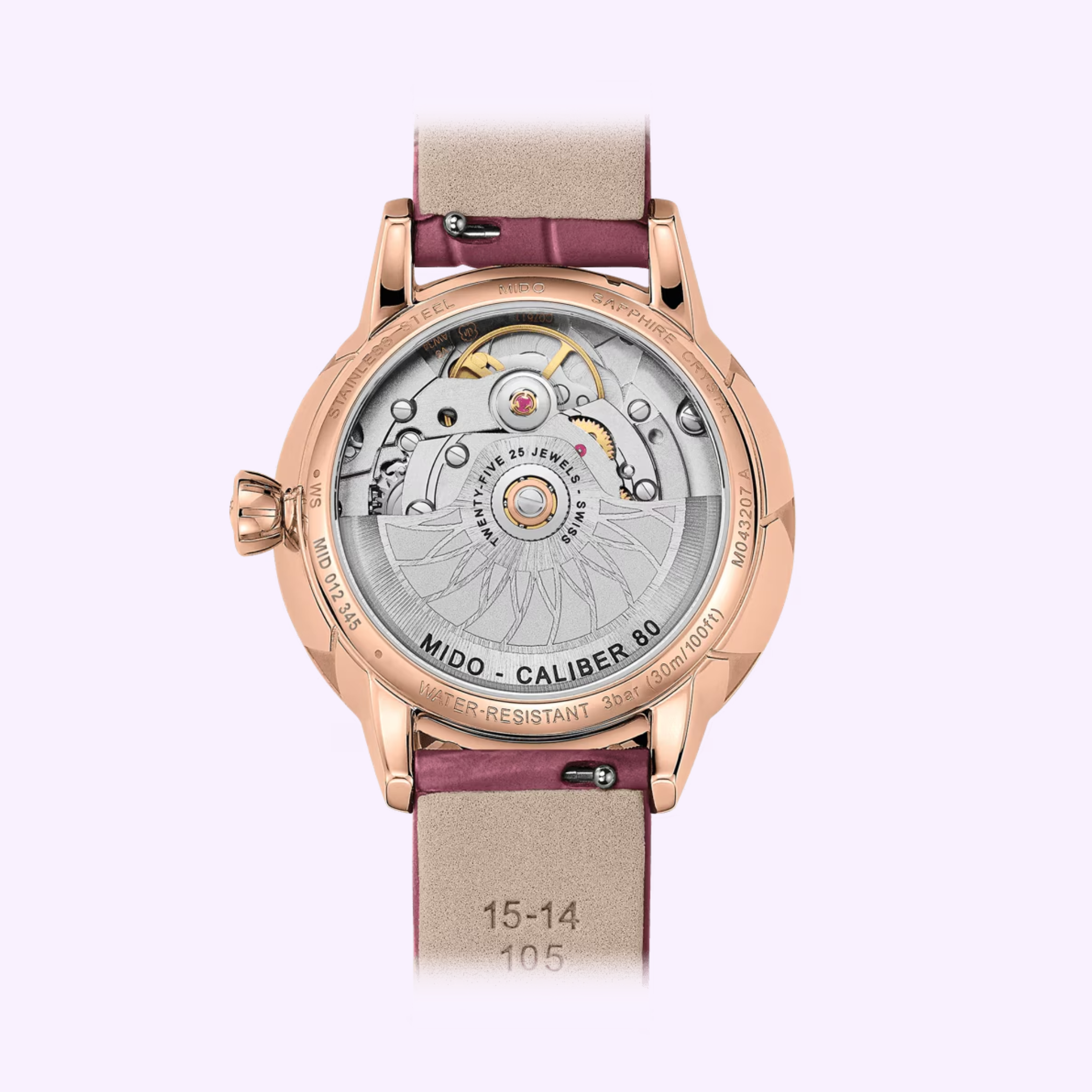 The back view of the Mido Watch Rainflower Night M0432073610600 by Mido Watches shows its automatic movement through a clear case, while the beige and pink leather strap with inner markings highlights its refined style.