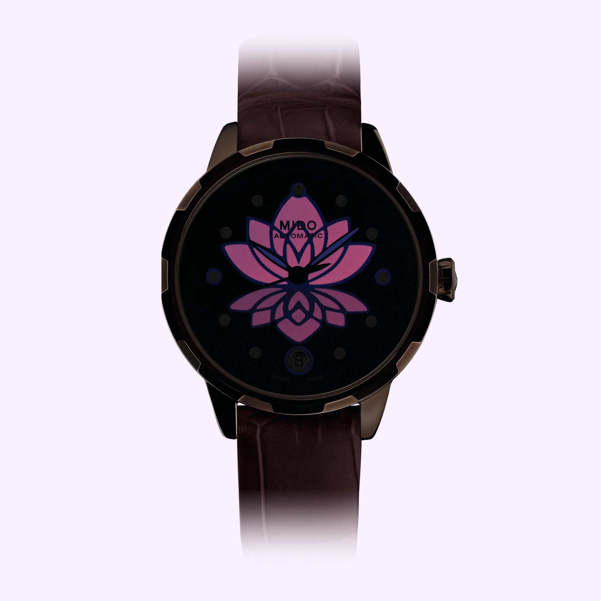 The Mido Watches Rainflower Night M0432073610600 is a Swiss women's watch with an automatic movement, dark case, brown leather strap, and a stylized purple and pink lotus flower on its dark face.