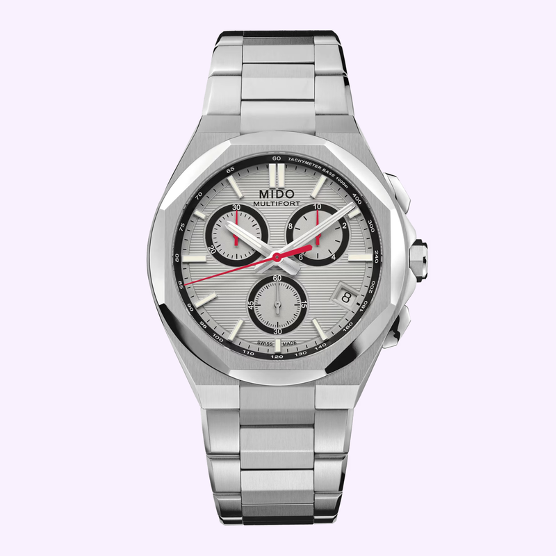 Mido Multifort 8 Chronograph Quartz M0555171103100 front view with silver dial and octagonal bezel