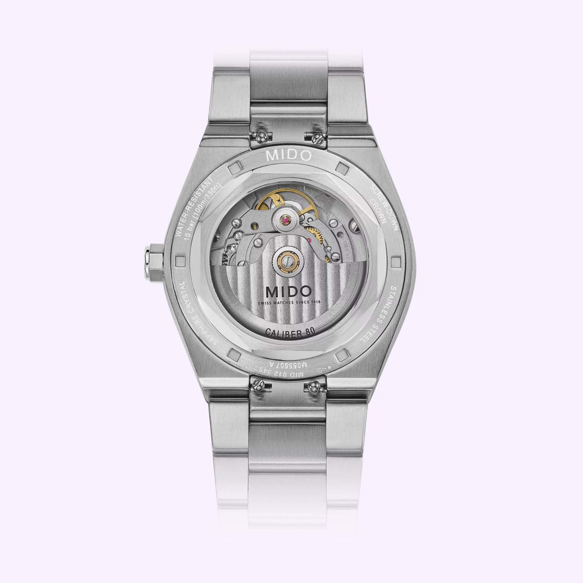 A close-up of the back of the Mido Watches Multifort 8 One Crown M0555071105100 displays its transparent case back and the impressive Swiss Caliber 80 automatic movement inside.