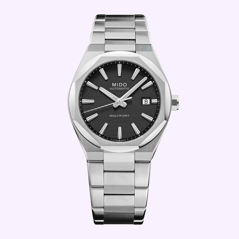 Mido Multifort 8 One Crown M0555071105100 with black textured dial and stainless steel bracelet
