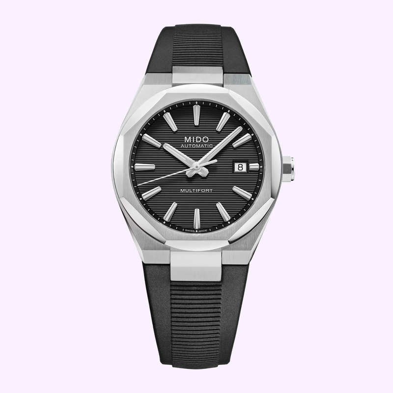 Mido Multifort 8 One Crown M0555071705100 with black textured dial and black rubber strap