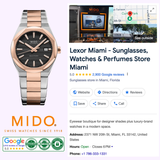 On the left is the Mido Watches Multifort 8 One Crown M0555072205100 with Swiss automatic movement. On the right, a Google listing for Lexor Miami highlights sunglasses, watches, and perfumes. The Mido Watches logo and badges appear below.
