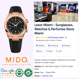 On the left is a Mido Watches Multifort 8 Two Crowns M0475073705100. On the right is a Google business listing for Lexor Miami, a store selling sunglasses, watches, and perfumes, showing shop interior, ratings, contact info, and reviews.