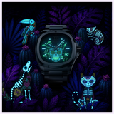 The Mido Watches Multifort TV Big Date Alebrijes M0495261108102 features a luminous skull, neon toucan, chameleon, dog, cat, and cacti in vivid blue, purple, and green on a dark dial.