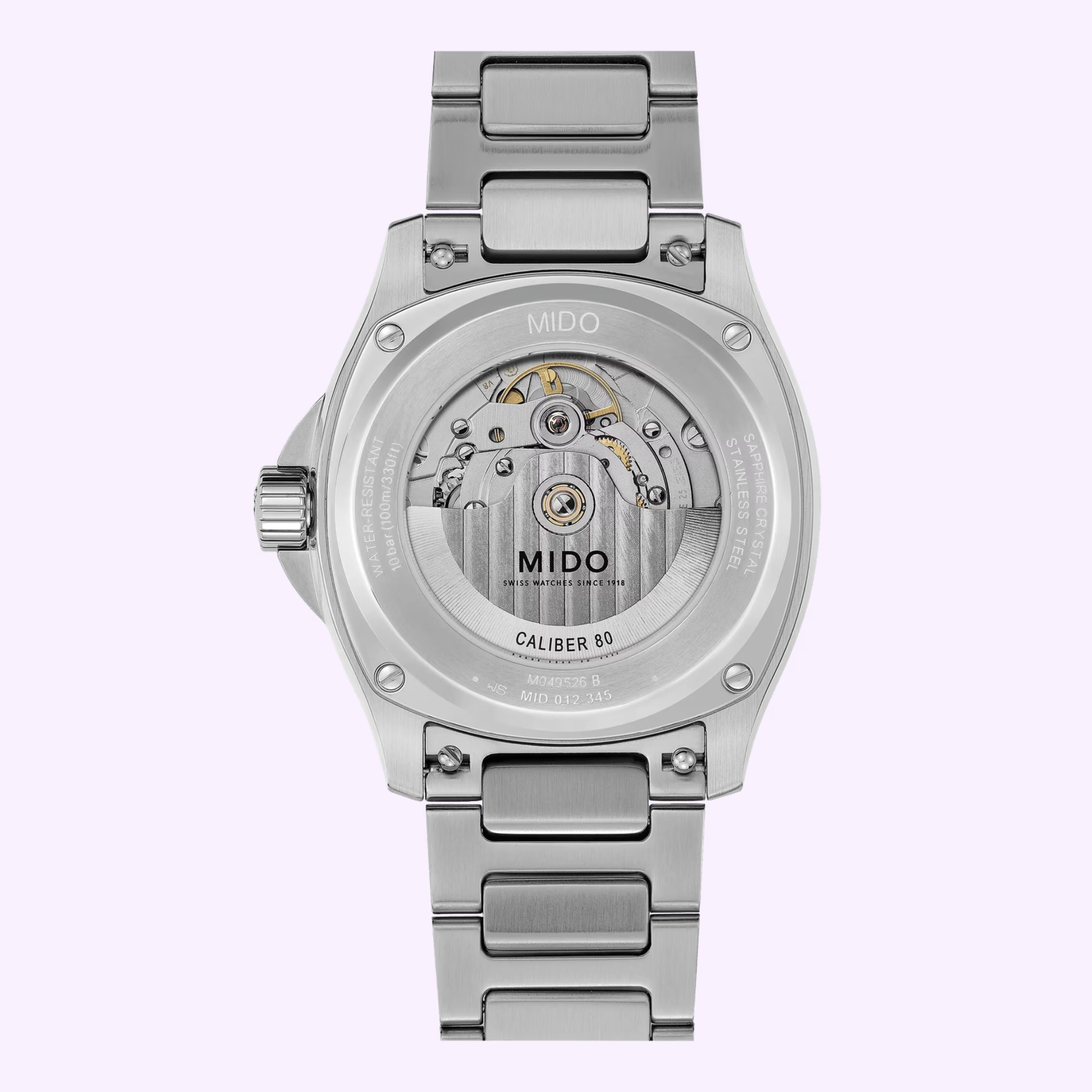 Back view of the Mido Watches Multifort TV Big Date Alebrijes M0495261108102 with stainless steel bracelet, featuring its Caliber 80 automatic movement through a transparent caseback.