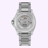 Back view of the Mido Watches Multifort TV Big Date Alebrijes M0495261108102 with stainless steel bracelet, featuring its Caliber 80 automatic movement through a transparent caseback.