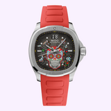 The Mido Watches Multifort TV Big Date Alebrijes M0495261108102 features a red strap, black face with a Day of the Dead sugar skull design, silver case, Caliber 80 automatic movement, and MIDO MULTIFORT branding.
